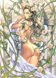  1girl aphrodite_(mythology) ass blonde_hair blue_eyes breasts brown_hair censored convenient_censoring flower greek_mythology homare_(fool&#039;s_art) long_hair looking_back nude robe rose solo  rating:Questionable score:92 user:danbooru