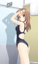 1girl ass competition_swimsuit flat_ass forehead kawada_tomoko kimi_kiss long_hair masakichi_(crossroad) one-piece_swimsuit showering solo swimsuit water wet wet_hair rating:Questionable score:12 user:danbooru