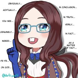  1girl ackchyually_(meme) artrum4 blue-framed_eyewear blue_bow blue_eyes blue_gloves blush bow buck_teeth commentary english_commentary english_text fate/grand_order fate_(series) forehead glasses gloves leonardo_da_vinci_(fate) leonardo_da_vinci_(fate/grand_order) leonardo_da_vinci_(rider)_(fate) meme nerd_emoji open_mouth parted_bangs puff_and_slash_sleeves puffy_short_sleeves puffy_sleeves short_sleeves simple_background solo teeth twitter_username white_background 
