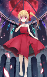  1girl ballroom bare_shoulders barefoot blonde_hair crystal_wings dress flandre_scarlet hair_ribbon hand_on_own_chest highres layered_skirt looking_at_viewer moon red_dress red_eyes red_moon red_ribbon ribbon short_hair side_ponytail sidelocks skirt smile solo soraneko93 strapless strapless_dress touhou wings 