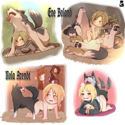  bestiality blonde_hair blush breasts censored dog hetero interspecies loli multiple_girls penis spice_and_wolf  rating:Explicit score:135 user:Duke_of_strumpet