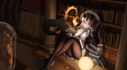  1girl absurdres arknights black_footwear black_horns black_jacket black_necktie black_pantyhose blonde_hair book book_stack bookshelf breasts column dragon_horns dress fire flame-tipped_tail flying_burrito_cat green_eyes hand_on_own_face harry_potter_(series) high_heels highres horns indoors jacket large_tail library long_sleeves medium_breasts multiple_horns mundane_utility necktie official_alternate_costume open_clothes open_jacket pantyhose pillar pleated_dress reading reed_(arknights) reed_the_flame_shadow_(arknights) sitting solo tail thighs white_dress wizarding_world 