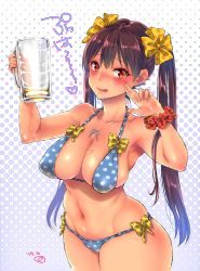  1girl :q alcohol bare_shoulders beer beer_mug bikini blue_bikini blush bow bow_bikini bow_swimsuit breasts brown_eyes brown_hair cleavage collarbone commentary_request cowboy_shot cup dated drunk earrings eyelashes fingernails groin guri_(bluedrop) hair_bow hands_up highres holding holding_cup jewelry large_breasts legs_together long_hair looking_at_viewer mug nail_polish navel necklace nose_blush original pink_nails polka_dot polka_dot_bikini polka_dot_bow scrunchie side-tie_bikini_bottom sidelocks signature skindentation solo standing stomach strap_gap stud_earrings swimsuit tongue tongue_out translation_request twintails very_long_hair w wrist_scrunchie yellow_bow 