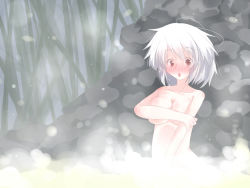 1girl ahoge blush breasts covering_privates covering_breasts dollain embarrassed highres inubashiri_momiji looking_at_viewer nude onsen open_mouth outdoors red_eyes red_theme rock short_hair silver_hair solo steam touhou triangle_mouth