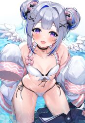 1girl amane_kanata angel_wings armpit_crease black_bow black_choker blue_hair blush bow bow_bra bra breasts choker collarbone commentary_request dot_nose double_bun frilled_bra frills gluteal_fold grey_hair hair_bow hair_bun hair_flaps hair_ornament hairclip hat head_tilt highres hololive ibuki_sho kneeling long_sleeves looking_at_viewer looking_up mini_hat mini_witch_hat multicolored_hair navel off_shoulder on_water open_mouth panties pink_bow pink_hair puffy_long_sleeves puffy_sleeves purple_eyes sleeves_past_fingers sleeves_past_wrists small_breasts solo star_(symbol) star_choker streaked_hair thighs underwear unworn_clothes virtual_youtuber wet wet_clothes white_background white_bra white_panties wings witch_hat x_hair_ornament
