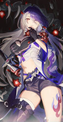  1girl absurdres acheron_(honkai:_star_rail) black_choker black_gloves black_shorts breasts choker cleavage coat commentary_request cowboy_shot flower gloves grey_hair hand_up heterochromia highres honkai:_star_rail honkai_(series) large_breasts leg_tattoo long_hair looking_at_viewer lucy_(rusi-juren328) midriff navel official_alternate_color parted_lips purple_eyes purple_hair red_eyes red_flower short_shorts shorts solo standing stomach tattoo thighs very_long_hair white_coat 