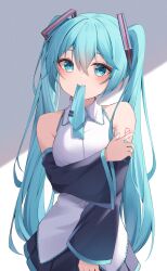  1girl absurdres aqua_eyes aqua_hair aqua_nails aqua_necktie bare_shoulders black_skirt collared_shirt crossed_bangs detached_sleeves dot_nose frilled_shirt_collar frills hair_between_eyes hair_intakes hair_ornament hand_on_own_arm hatsune_miku highres light_blush long_hair long_sleeves looking_at_viewer mouth_hold necktie necktie_in_mouth number_tattoo pleated_skirt ryaru_ryaru shirt shoulder_tattoo sidelocks simple_background skirt sunlight tattoo tie_clip twintails very_long_hair vocaloid white_shirt wide_sleeves 