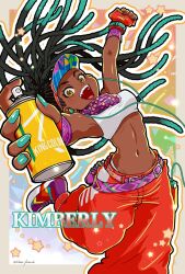  1girl angie_(kani-ga-tobuna) baggy_pants black_hair breasts brown_eyes cable colored_tips commentary_request cornrows crop_top dark-skinned_female dark_skin dreadlocks earbuds earphones fingerless_gloves fingernails full_body gloves green_hair green_nails happy highres holding jumping kimberly_jackson long_hair midriff multicolored_hair nail_polish navel official_alternate_costume official_alternate_hairstyle open_mouth pants quad_braids red_gloves red_pants shoes small_breasts smartwatch sneakers solo spray_can street_fighter street_fighter_6 teeth twitter_username two-tone_hair upper_teeth_only very_dark_skin very_long_hair visor_cap walkman watch wristwatch 