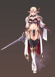 1girl armor bikini_armor blonde_hair blue_eyes boots capelet elf gloves holding holding_sword holding_weapon kirishima_satoshi looking_at_viewer original pointy_ears simple_background smile solo sword thighhighs weapon rating:Sensitive score:37 user:danbooru