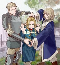 1boy 2girls armor artist_name blonde_hair blue_capelet blue_robe brother_and_sister capelet dungeon_meshi erober falin_touden feet_out_of_frame hair_around_ear hashtag-only_commentary heart heart_arms highres laios_touden long_sleeves looking_at_another looking_at_viewer marcille_donato multiple_girls outdoors plate_armor pointy_ears robe short_hair siblings smile tree twitter_username 