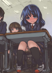1boy 2girls artist_name between_legs black_socks blazer blue_eyes blue_hair blue_jacket blue_skirt blush brown_eyes brown_hair chair classroom crying desk embarrassed flat_chest grey_sweater half-closed_eyes hand_between_legs hands_together have_to_pee indoors jacket kneehighs long_sleeves looking_at_another matching_hair/eyes miniskirt multiple_girls necktie nose_blush open_mouth original panties pee peeing peeing_self pencil pigeon-toed pleated_skirt puddle red_footwear red_neckwear school_desk school_uniform shirt shoes short_hair signature sitting skirt socks solo_focus steam surprised sweater tears ugogogesik underwear upskirt wavy_mouth wet wet_clothes white_panties white_shirt rating:Questionable score:31 user:AngryZapdos