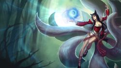 1girl ahri_(league_of_legends) black_hair breasts cleavage detached_sleeves fox fox_tail fur kienan_lafferty kitsune korean_clothes kyuubi large_breasts league_of_legends long_hair moon multiple_tails official_art solo tail  rating:Sensitive score:42 user:HolyLight