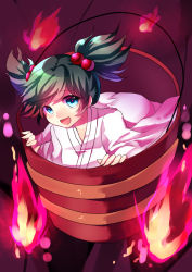  1girl bad_id bad_pixiv_id blue_eyes bucket female_focus fire green_hair hair_bobbles hair_ornament highres in_bucket in_container kisume long_sleeves meronpanna_(mikoniito) open_mouth short_hair solo touhou twintails 