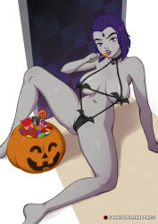 1girl areola_slip bat_bikini bob_cut breasts cameltoe candy colored_skin dc_comics female_focus food forehead_jewel forkedtail goth_fashion grey_skin halloween highres jack-o&#039;-lantern leaning_on_hand legs_apart licking_lollipop lollipop looking_at_viewer medium_hair narrowed_eyes oral oral_insinuation oral_invitation oral_suggestive pale_skin petite pumpkin purple_eyes purple_hair rachel_roth raven_(dc) sitting slingshot_swimsuit solo swimsuit teen_titans witch