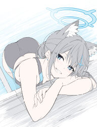  1girl absurdres animal_ears ass blue_archive blue_eyes collarbone commentary competition_swimsuit cross_hair_ornament crossed_arms extra_ears flat_color from_above grey_hair grin hair_ornament half-closed_eyes halo highres leaning_forward looking_at_viewer masabodo mismatched_pupils multicolored_clothes multicolored_swimsuit official_alternate_costume one-piece_swimsuit partially_submerged ponytail pool shiroko_(blue_archive) shiroko_(swimsuit)_(blue_archive) smile solo swimming swimsuit symbol-only_commentary teeth water wolf_ears 