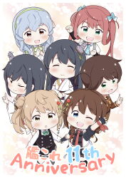  6+girls :d ;) ^_^ ahoge anniversary arm_up arm_warmers asagumo_(kancolle) asymmetrical_gloves black_dress black_gloves black_hair black_skirt blue_bow blue_eyes blush bow brown_eyes brown_hair brown_neckerchief brown_sailor_collar brown_shirt brown_shorts chibi clenched_hand closed_eyes closed_mouth collared_shirt commentary_request detached_sleeves double_bun dress dress_shirt facing_viewer fingerless_gloves fusou_(kancolle) gloves green_eyes grey_hair grey_skirt hair_bow hair_bun hair_flaps hair_ornament highres holding_hands index_finger_raised japanese_clothes kantai_collection kimono long_sleeves looking_at_viewer michishio_(kancolle) mogami_(kancolle) multiple_girls neckerchief obi one_eye_closed open_mouth own_hands_together pinafore_dress pleated_dress pleated_skirt red_eyes ribbon-trimmed_sleeves ribbon_trim sailor_collar sash shigure_(kancolle) shirt short_sleeves shorts skirt sleeveless sleeveless_dress sleeveless_kimono small_sweatdrop smile suspender_skirt suspenders sweat teeth tenshin_amaguri_(inobeeto) twintails upper_teeth_only white_kimono white_shirt white_sleeves wide_sleeves yamagumo_(kancolle) yamashiro_(kancolle) 