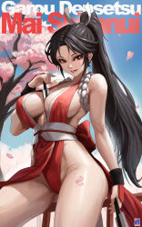  1girl alternate_hair_color artist_request bare_shoulders black_hair breasts brown_eyes cleavage collarbone fatal_fury female_focus hand_fan highres holding holding_fan kunoichi large_breasts long_hair looking_at_viewer open_mouth outdoors revealing_clothes shiranui_mai sidelocks smile snk solo the_king_of_fighters thighs tongue tongue_out 