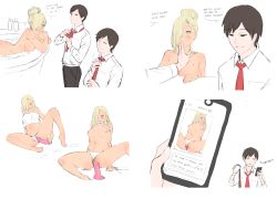  1boy 1girl absurdres ass bath bathing blonde_hair blue_eyes boruto:_naruto_next_generations breasts clothed_male_nude_female couple crossed_arms dildo dildocam english_text finger_to_mouth hair_bun hair_over_one_eye highres husband_and_wife large_breasts long_hair monday_mint naruto_(series) naughty_face nipples nude panties pants partially_submerged phone pussy pussy_juice pussy_juice_trail sai seductress sex_toy short_hair sideboob smile spread_legs spread_pussy teasing underwear very_long_hair water wet yamanaka_ino 