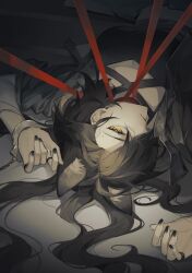 1girl akechi_(826988799) animal_ear_fluff animal_ears arknights arms_up black_nails black_shirt closed_mouth commentary_request cuffs expressionless extra_ears grey_hair grey_jacket hair_over_one_eye handcuffs highres jacket jewelry long_hair looking_at_viewer lying mole_above_eye multiple_rings on_back open_clothes open_jacket orange_eyes penance_(arknights) red_ribbon ribbon ring shirt solo upper_body upside-down wolf_ears wolf_girl 