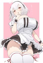 1girl ? ?? apron azur_lane blush breasts commentary_request frilled_apron frills from_below hair_between_eyes hand_on_own_chest head_tilt highres large_breasts looking_at_viewer looking_down maid_apron nekoshoko no_panties open_mouth puffy_short_sleeves puffy_sleeves red_eyes red_ribbon ribbon ribbon-trimmed_legwear ribbon_trim short_hair short_sleeves sirius_(azur_lane) solo standing sweat thighhighs thighs translation_request waist_apron white_apron white_hair white_thighhighs wrist_cuffs rating:Sensitive score:65 user:danbooru