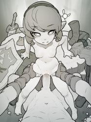  1boy 1girl artist_name barefoot belt blush boots breasts bright_pupils censored closed_mouth unworn_clothes completely_nude engraved hetero highres hylian_shield instrument inverted_nipples link loli looking_at_viewer master_sword monochrome mosaic_censoring nintendo nipples nude ocarina pointy_ears pov pov_crotch rodecchi saria_(zelda) sex shield short_hair small_breasts split spread_legs the_legend_of_zelda the_legend_of_zelda:_ocarina_of_time tree_stump vaginal  rating:Explicit score:328 user:danbooru