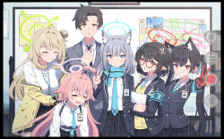  1boy 5girls :d ^_^ ahoge animal_ear_fluff animal_ears ayane_(blue_archive) black_border black_gloves black_hair black_jacket black_necktie black_skirt blazer blue_archive blue_eyes blue_necktie blue_ribbon blush border braid breasts brown_cardigan brown_eyes brown_hair cardigan closed_eyes closed_mouth collared_shirt commentary_request fang fingerless_gloves gloves grey_hair grey_jacket grey_pants grin hair_between_eyes hair_bun hair_ornament hair_ribbon halo hands_on_another&#039;s_shoulders highres hoshino_(blue_archive) indoors jacket long_hair medium_breasts multiple_girls necktie nonomi_(blue_archive) off_shoulder open_cardigan open_clothes open_jacket open_mouth outstretched_arm pants pink_hair plaid plaid_skirt pleated_skirt red_eyes red_gloves ribbon sensei_(blue_archive) sensei_(blue_archive_the_animation) serika_(blue_archive) shiroko_(blue_archive) shirt single_side_bun skirt small_breasts smile sweater_vest synn032 twintails v very_long_hair white_shirt 