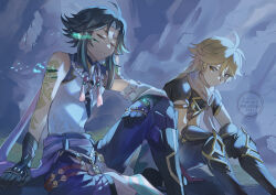  2boys aether_(genshin_impact) ahoge aqua_hair arm_armor arm_tattoo armor artist_name asymmetrical_gloves baggy_pants belt black_footwear black_gloves black_hair black_pants black_shirt blonde_hair blue_gloves blue_pants boots braid closed_eyes closed_mouth cloud_print commentary_request detached_sleeves eyeshadow facial_mark forehead_mark fushitasu genshin_impact gloves gold_trim grass hair_between_eyes jewelry long_hair long_sleeves looking_at_another makeup male_focus mandarin_collar mismatched_gloves multicolored_hair multiple_boys necklace outdoors pants pearl_necklace pelvic_curtain purple_belt red_eyeshadow rock scar scarf shadow shirt short_hair short_sleeves shoulder_armor sidelocks single_bare_shoulder single_detached_sleeve sitting sleeveless sleeveless_shirt tassel tattoo two-tone_hair white_scarf white_shirt wide_sleeves xiao_(genshin_impact) yellow_eyes 
