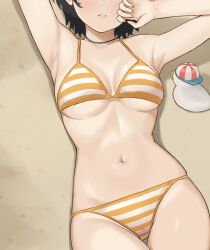  1girl armpits bikini black_hair breasts commentary_request cowboy_shot diptip green_eyes hair_ribbon head_out_of_frame highres hololive lying medium_breasts navel official_alternate_costume oozora_subaru oozora_subaru_(hololive_summer_2019) polka_dot polka_dot_ribbon ribbon rubber_duck sand short_hair solo striped_bikini striped_clothes subaru_duck swimsuit underboob virtual_youtuber whistle whistle_around_neck yellow_bikini  rating:Sensitive score:16 user:danbooru