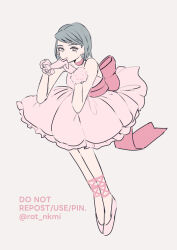  1girl ace_attorney ballet_slippers bare_shoulders bow bright_pupils choker closed_mouth collarbone dot_nose dress earrings eyelashes franziska_von_karma full_body grey_background grey_eyes grey_hair highres jewelry looking_at_viewer pink_choker pink_dress pink_footwear rat_nkmi short_hair simple_background solo twitter_username waist_bow white_pupils wrist_cuffs 