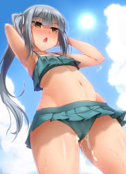 1girl aftersex armpits arms_up bikini blue_sky blush breasts cameltoe cloud commentary_request cowboy_shot cum cum_in_clothes cum_in_pussy cumdrip day frilled_bikini frills from_below green_bikini hair_ribbon heart heart-shaped_pupils highres kantai_collection kasumi_(kancolle) long_hair navel open_mouth outdoors ribbon silver_hair sky small_breasts solo standing stomach sun sweat swimsuit symbol-shaped_pupils white_ribbon yellow_eyes yoshi_tama rating:Explicit score:78 user:danbooru