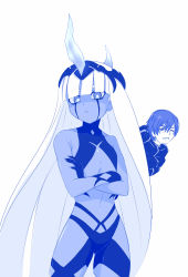  001_(darling_in_the_franxx) 10s 1boy 1girl blue_theme bound can&#039;t_be_this_cute couple crossed_arms dark_skin darling_in_the_franxx highres hiro_(darling_in_the_franxx) horns long_hair looking_at_viewer monochrome navel one_eye_closed oni_horns ore_no_imouto_ga_konna_ni_kawaii_wake_ga_nai scar scar_on_face short_hair tentacles tied_up_(nonsexual) very_long_hair viperxtr  rating:Sensitive score:10 user:danbooru