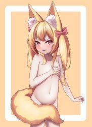  1girl absurdres animal_ear_fluff animal_ears blush bow breasts brown_hair covering_privates covering_breasts covering_crotch embarrassed fang female_focus fox_ears fox_girl fox_tail groin hair_bow highres lesqua loli long_hair looking_at_viewer navel nude original red_eyes ribbon small_breasts solo tail tail_censor tears twintails  rating:Questionable score:40 user:danbooru