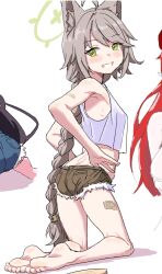  3girls ahoge ass back bandaid bandaid_on_leg bare_shoulders barefoot blue_archive blush braid breasts brown_shorts character_request clearite cutoffs green_eyes green_halo grey_hair grin halo kneeling long_hair multiple_girls otogi_(blue_archive) out_of_frame red_hair shorts single_braid smile solo_focus tank_top very_long_hair white_background 