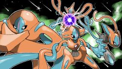 alternate_form blacknirrow creatures_(company) crossed_arms deoxys deoxys_(attack) deoxys_(defense) deoxys_(normal) deoxys_(speed) energy_ball expressionless floating flying game_freak gen_3_pokemon highres looking_at_viewer multiple_views mythical_pokemon nintendo no_humans pokemon pokemon_(creature) simple_background tentacles 