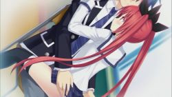 10s 1boy 1girl ass ass_grab blue_hair brother brother_and_sister chair clothes_lift date_a_live game_cg hair_ornament hair_ribbon hetero highres itsuka_kotori itsuka_shidou legs long_hair long_twintails official_art panties red_eyes red_hair ribbon school_uniform siblings sitting skirt skirt_lift smile straddling striped_clothes striped_panties thighhighs tsunako twintails underwear upright_straddle rating:Questionable score:50 user:anon121793