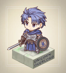  :| alain_(unicorn_overlord) arm_shield armor blue_cape blue_eyes blue_hair breastplate cape closed_mouth copyright_name faux_figurine fushigi_ebi gloves holding holding_sword holding_weapon isometric leather leather_gloves short_hair simple_background sword unicorn_overlord vanillaware warrior weapon 