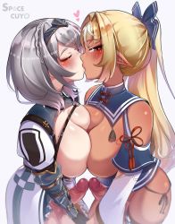  2girls blush breast_press breasts breasts_out cleavage closed_eyes dark-skinned_female dark_elf dark_skin elf futa_with_futa futanari highres hololive kiss large_breasts long_hair mole mole_on_breast multiple_girls penis pointy_ears ponytail red_eyes shiranui_flare shirogane_noel short_hair silver_hair space_cuyo testicles thighs uncensored virtual_youtuber white_background  rating:Explicit score:130 user:JustHere4Butts