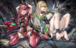  2girls absurdres aegis_sword_(xenoblade) arms_up barefoot bdsm black_gloves blonde_hair bondage bound breasts circlet claymore_(sword) cleavage cleavage_cutout clothing_cutout core_crystal_(xenoblade) cuffs dress elbow_gloves fingerless_gloves full_body gloves glowing highres impossible_clothes kidnapping large_breasts long_hair looking_at_viewer mask medium_hair multiple_girls mythra_(xenoblade) open_mouth pyra_(xenoblade) red_eyes red_hair red_shorts red_thighhighs restrained shackles shibari short_shorts shorts sitting soles thigh_strap thighhighs thighs tied_up_(nonsexual) tile_floor tiles toes very_long_hair wariza white_dress white_gloves xenoblade_chronicles_(series) xenoblade_chronicles_2 xun_li_eins yellow_eyes  rating:Sensitive score:5 user:danbooru