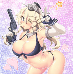 10s 1girl ;p arched_back bare_shoulders bent_over blonde_hair blue_eyes blush breasts cleavage colt_single_action_army elbow_gloves front-tie_top gloves gun handgun hase_yu headgear heart holding holding_gun holding_weapon iowa_(kancolle) kantai_collection large_breasts leaning_forward long_hair looking_at_viewer one_eye_closed revolver smile solo star-shaped_pupils star_(symbol) symbol-shaped_pupils thong tongue tongue_out trigger_discipline underwear underwear_only v weapon rating:Questionable score:30 user:danbooru