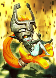  1girl breasts colored_sclera colored_skin commission genzoman helmet highres index_finger_raised midna multicolored_skin nintendo one_eye_closed open_mouth orange_hair pointy_ears prehensile_hair red_eyes shortstack small_breasts smile solo the_legend_of_zelda the_legend_of_zelda:_twilight_princess two-tone_skin yellow_sclera 