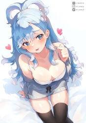  1girl :p alternate_breast_size alternate_costume bare_shoulders black_thighhighs blue_eyes blue_hair blue_nails blush breasts camisole clothes_down colored_tips commentary dress heart highres hololive hololive_indonesia instagram_logo instagram_username kobo_kanaeru large_breasts long_hair looking_at_viewer mr.canaryy multicolored_hair pixiv_id pixiv_logo pointing pointing_at_self simple_background sitting solo sweater sweater_dress thighhighs tongue tongue_out twitter_logo twitter_username two-tone_hair underwear virtual_youtuber white_background white_camisole white_hair 