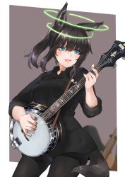  1girl absurdres animal_ears ayyh banjo black_hair black_pantyhose blue_eyes breasts commission commissioner_upload dima_turchin fang guitar highres instrument long_hair music open_mouth panties panties_under_pantyhose pantyhose playing_instrument ponytail sidelocks skeb_commission skin_fang smile strike_witches_1991 tail underwear world_witches_series 