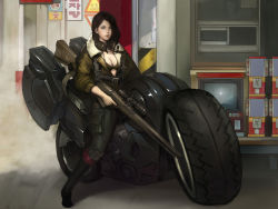 1girl breasts cleavage gashapon gun headset highres jacket korean_text lips motor_vehicle motorcycle namgwon_lee open_clothes open_jacket rifle solo weapon rating:Sensitive score:8 user:danbooru
