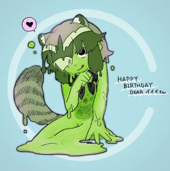  1girl animal_ears blue_background cake cake_slice closed_mouth colored_skin common_raccoon_(kemono_friends) derivative_character food full_body gift_art green_hair green_skin hair_over_one_eye hand_up happy_birthday heart jmeysan kemono_friends looking_at_viewer melting monster_girl multicolored_hair nude raccoon_ears raccoon_tail see-through_body short_hair sitting slime_girl slimification smile solo spoken_heart tail tongue tongue_out 