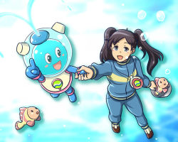  1boy 1girl aquaman.exe blush bubble bucket coin_purse fish holding_hands looking_at_another mega_man_(series) mega_man_battle_network pointing purple_hair shuko_kido_(mega_man) smile track_suit twintails underwear water  rating:Sensitive score:2 user:TwintailMan
