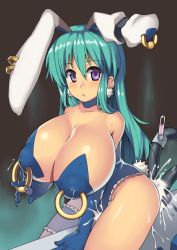 1girl anal animal_ears areola_piercing ass_juice bad_id bad_pixiv_id bare_legs breasts bridal_garter choker earrings elbow_gloves fake_animal_ears frills gloves green_hair hikaru_(parodius) huge_breasts jewelry lactation lactation_through_clothes leotard long_hair nagase_haruhito nipple_piercing nipple_rings nipples parodius pasties piercing piercing_through_clothes playboy_bunny purple_eyes rabbit_ears rabbit_tail solo star_pasties tail topless rating:Questionable score:61 user:danbooru