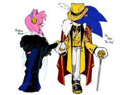  1boy 1girl absurdres alternate_costume alternate_universe amy_rose animal_ears animal_nose black_dress cane character_name closed_eyes commentary diamondx1704 dress english_commentary formal full_body furry furry_female furry_male gangster gloves hat hat_feather highres holding_hands jewelry mafia pants ring simple_background smile sonic_(series) sonic_and_the_black_knight sonic_the_hedgehog standing suit vest white_background white_gloves white_pants yellow_headwear yellow_vest 
