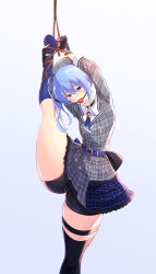  1girl ball_gag bdsm blue_eyes blue_hair bondage bound choker female_focus flexible gag gloves hair_ornament hat highres hololive hoshimachi_suisei looking_at_viewer maullarmaullar short_shorts shorts solo standing standing_on_one_leg star_(symbol) thick_thighs thighhighs thighs virtual_youtuber 