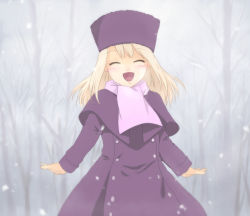 1girl ^_^ bad_id bad_pixiv_id closed_eyes coat fate/stay_night fate_(series) hat illyasviel_von_einzbern izru long_hair pink_scarf purple_hat scarf snowing solo white_hair winter_clothes winter_coat