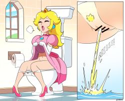 1girl anus bar_censor bathroom blonde_hair blush bow bow_panties breasts breath censored cleft_of_venus clothes_lift cloud crown dangerking11 dress dress_lift closed_eyes high_heels highres large_breasts long_hair mario_(series) navel nintendo open_mouth panties panty_pull peeing pink_dress princess princess_peach pubic_hair puffy_sleeves pussy red_footwear relief shoes short_sleeves sitting sky super_mario_bros._1 toilet toilet_paper toilet_use underwear wall white_panties window rating:Explicit score:97 user:cpee